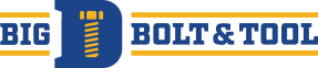 Logo with "Big D Bolt & Tool" in blue text, featuring a stylized bolt design for the letter "D." Two horizontal yellow lines frame the logo above and below.