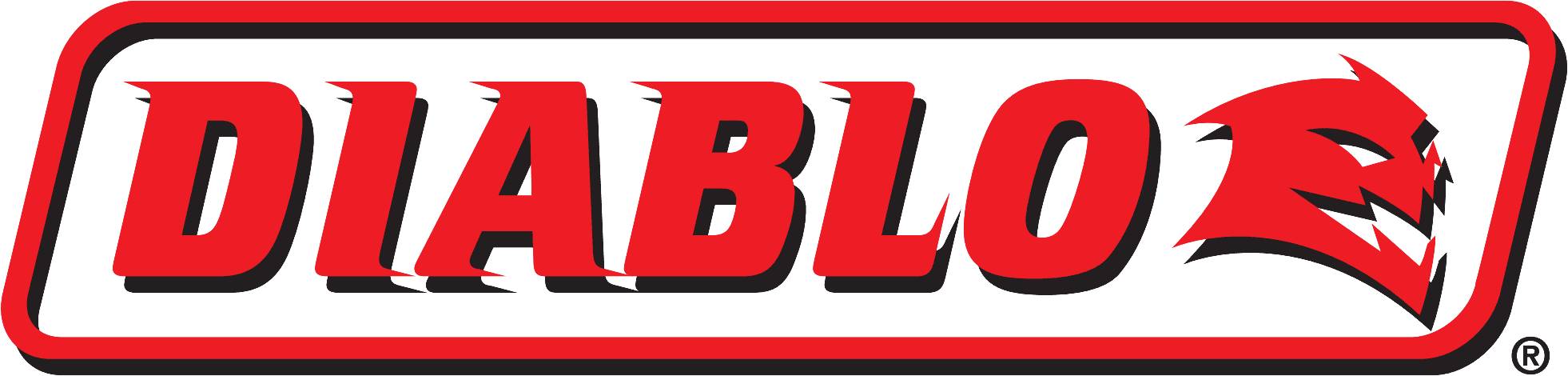 the diablo logo features bold red text with a stylized red demon head design on the right, all outlined in black on a white background.
