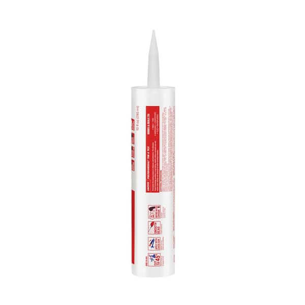a tube of white caulk with a red label, shown upright with the nozzle pointing up, on a plain white background.