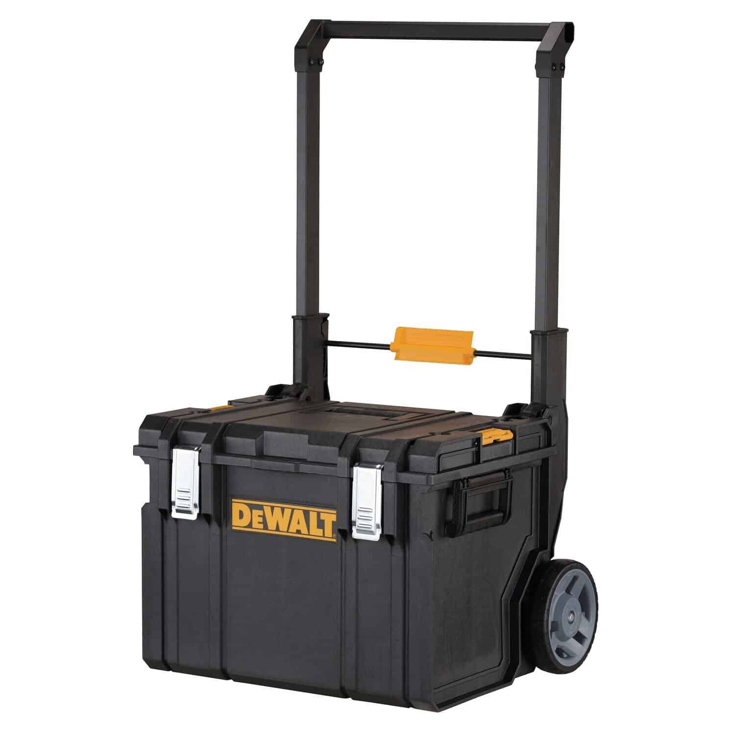 a black dewalt rolling toolbox with a telescoping handle, two latches, and two wheels.
