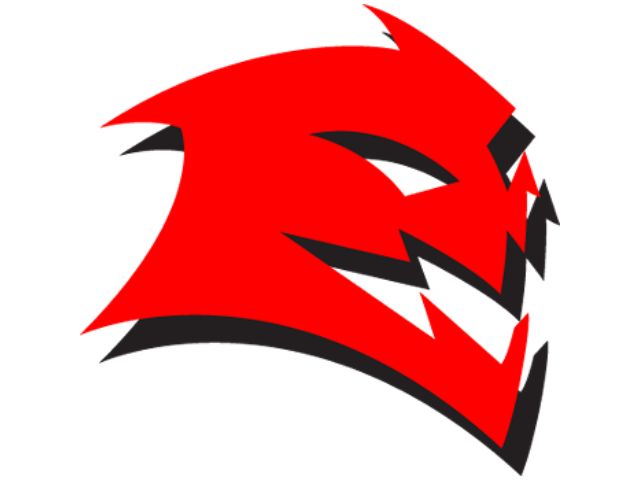 red and black stylized logo of an abstract, angular, roaring animal head, possibly a cat or wildcat, with sharp teeth and pointed ears.