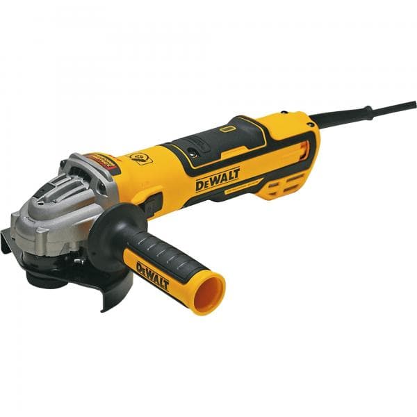 yellow and black dewalt angle grinder with a side handle and power cord, shown on a white background.