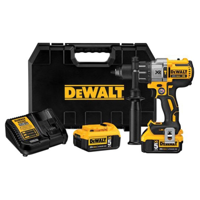dewalt cordless power drill set with two batteries, charger, side handle, and carrying case, displayed on a white background.