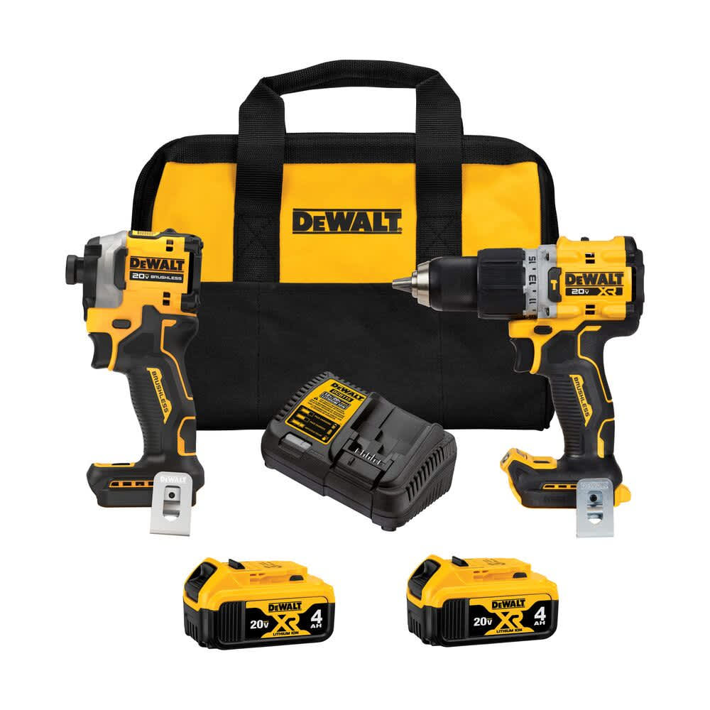 dewalt cordless drill and impact driver set with two 20v batteries, charger, and carrying bag displayed on a white background.