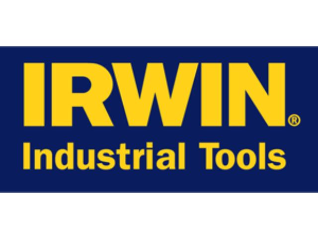 irwin industrial tools logo featuring bold yellow text on a dark blue background.