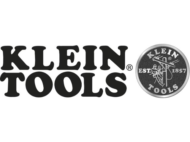 klein tools logo in bold letters next to a circular emblem with the text "klein tools est. 1857" and an illustration of two workers with tools.