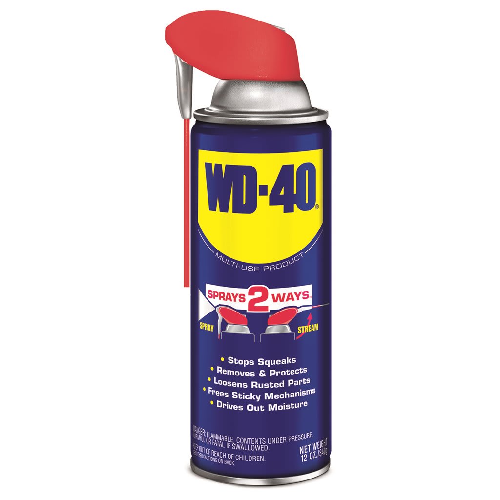 a 12 oz can of wd 40 multi use product with a red dual spray nozzle, highlighting its various uses such as stopping squeaks and loosening rusted parts.