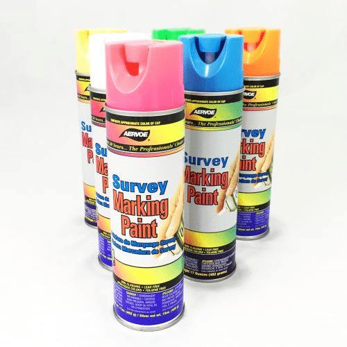 five cans of aervoe survey marking paint in assorted colors are arranged upright on a white surface.