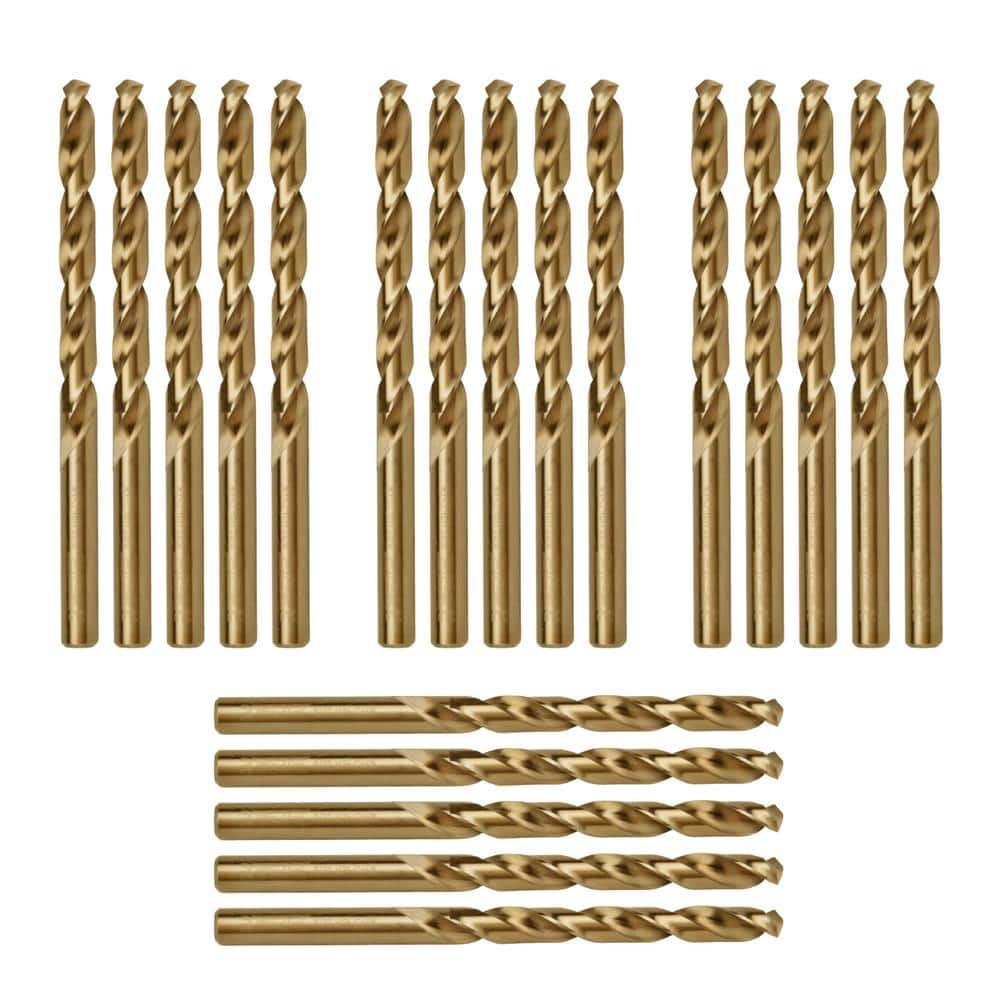 a set of twenty titanium coated drill bits arranged in four rows, with three rows of five bits standing upright and one row of five bits lying flat at the bottom.