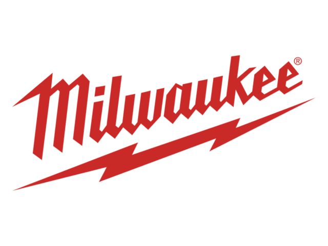 the milwaukee logo in red italicized script, with a stylized lightning bolt underline, on a white background.