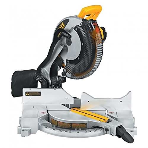a compound miter saw with a circular blade, dust collection bag, and adjustable base, designed for precise angled cuts in wood or other materials.