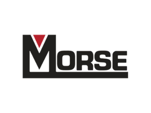 logo with the word "morse" in black bold letters; the "m" has a red triangle at the top left and a horizontal black line extends below the rest of the text.