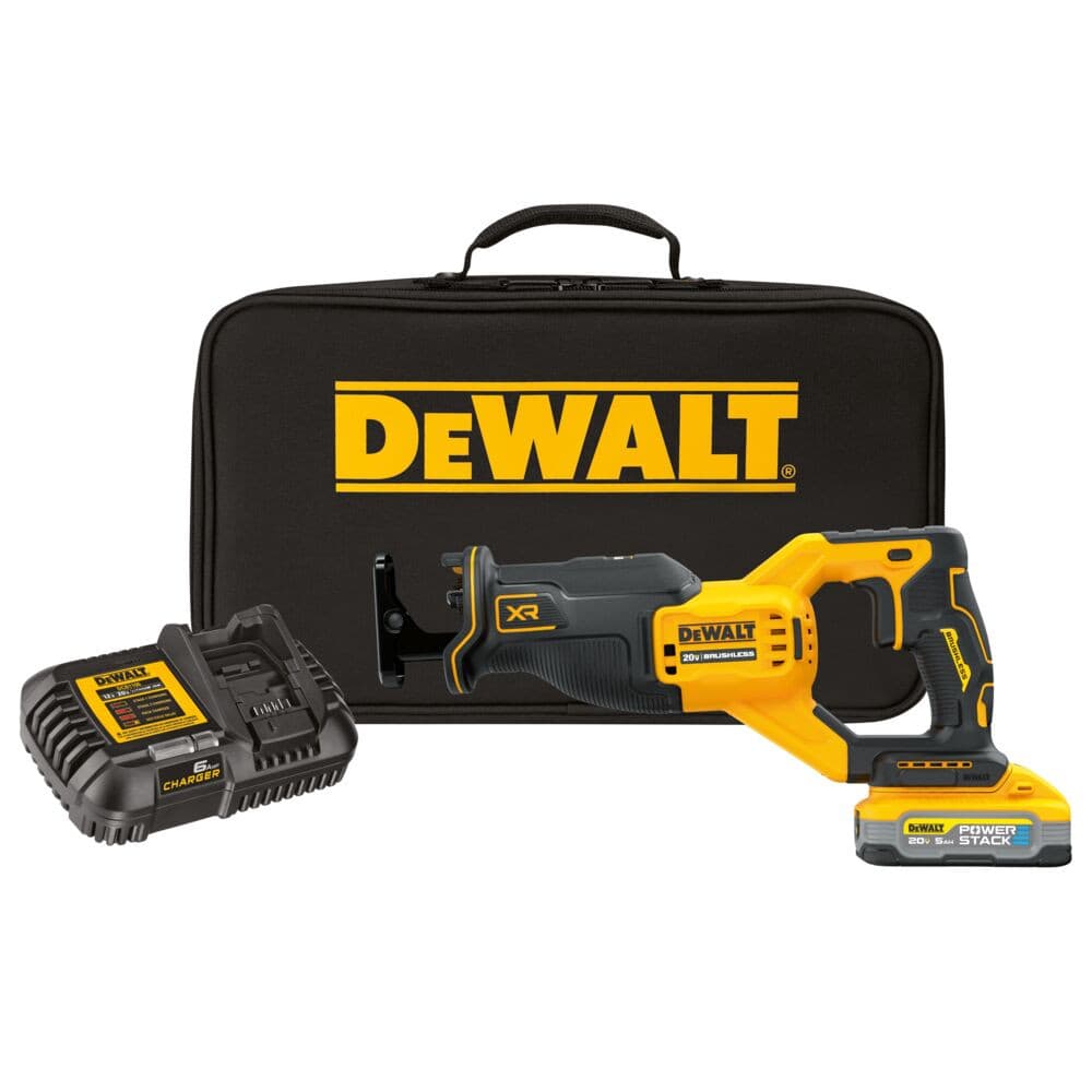 a dewalt cordless reciprocating saw set with a charger, battery, and a black carrying case featuring the dewalt logo.