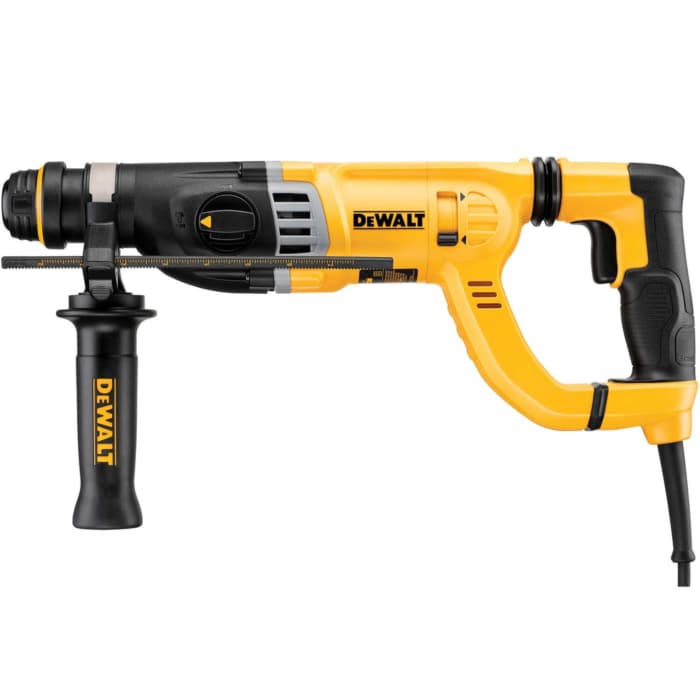 a yellow and black dewalt corded rotary hammer drill with side handle and depth gauge, viewed from the side.