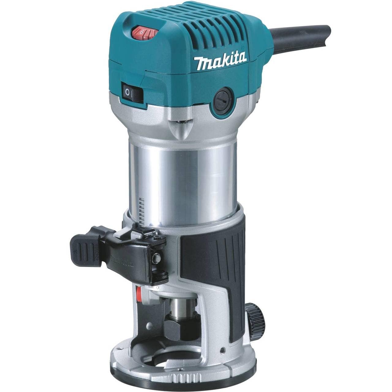 a makita handheld electric wood router with a teal and silver body, black accents, and a visible power cord.