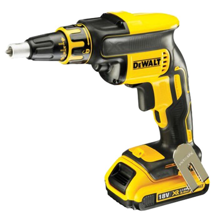 a yellow and black dewalt 18v xr cordless screw gun is shown, featuring a compact design and a built in belt clip.