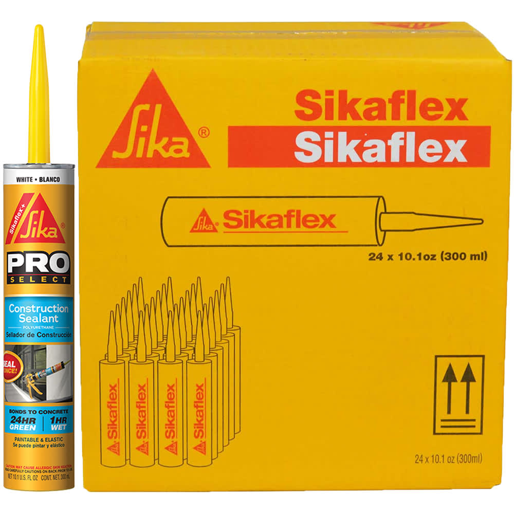 a box labeled "sikaflex" with multiple yellow sealant tubes and one sikaflex pro select construction sealant tube standing beside it.