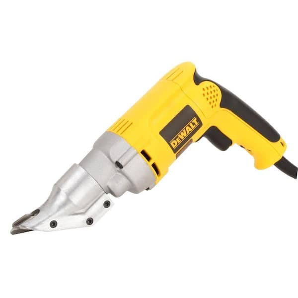 a yellow and black dewalt electric metal shear tool with a silver cutting head and a black power cord.