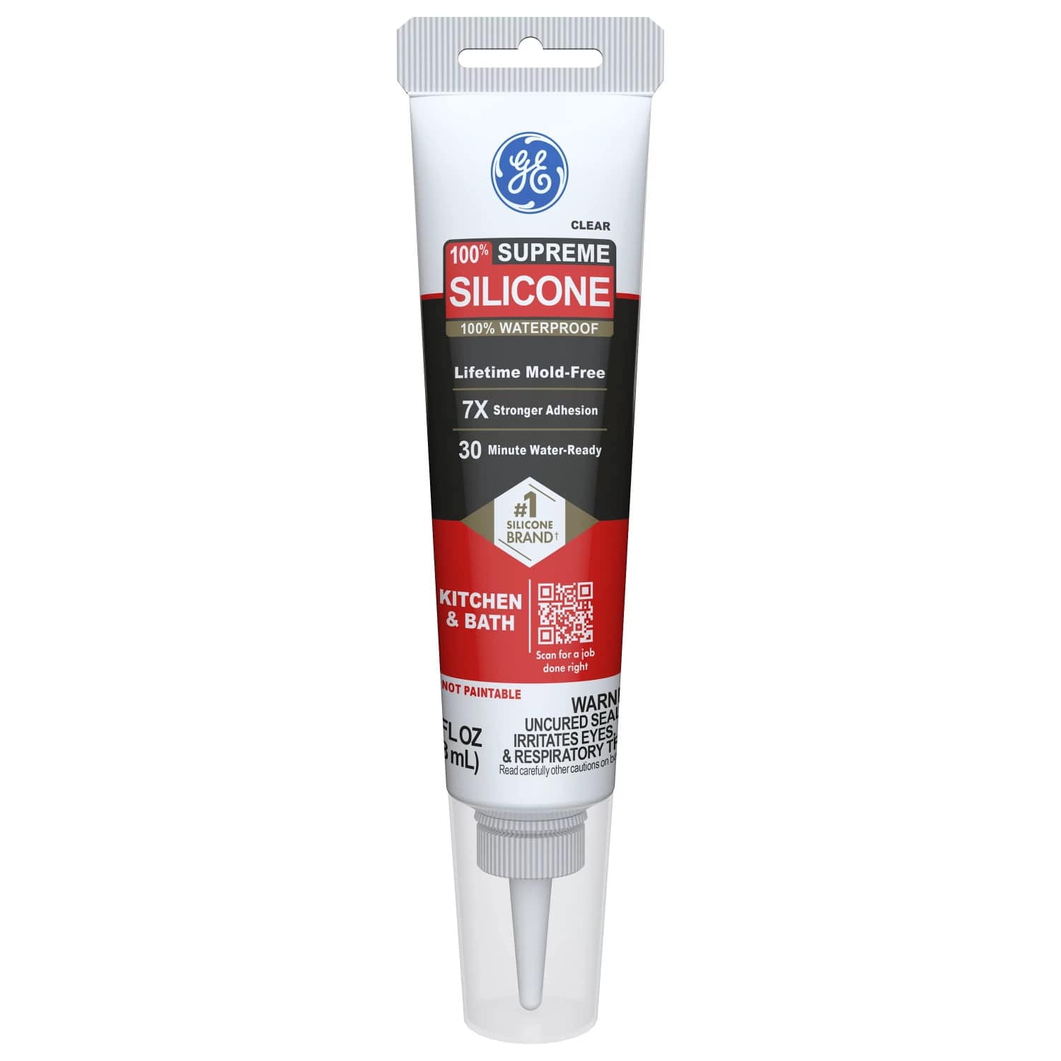 a tube of ge supreme silicone sealant labeled for kitchen and bath use, featuring claims of waterproof and mold free properties, with a pointed nozzle and warning text.