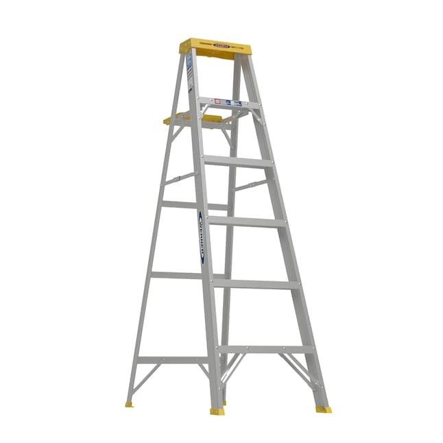 a lightweight, six step fiberglass stepladder with a yellow top and slip resistant feet, standing upright on a white background.