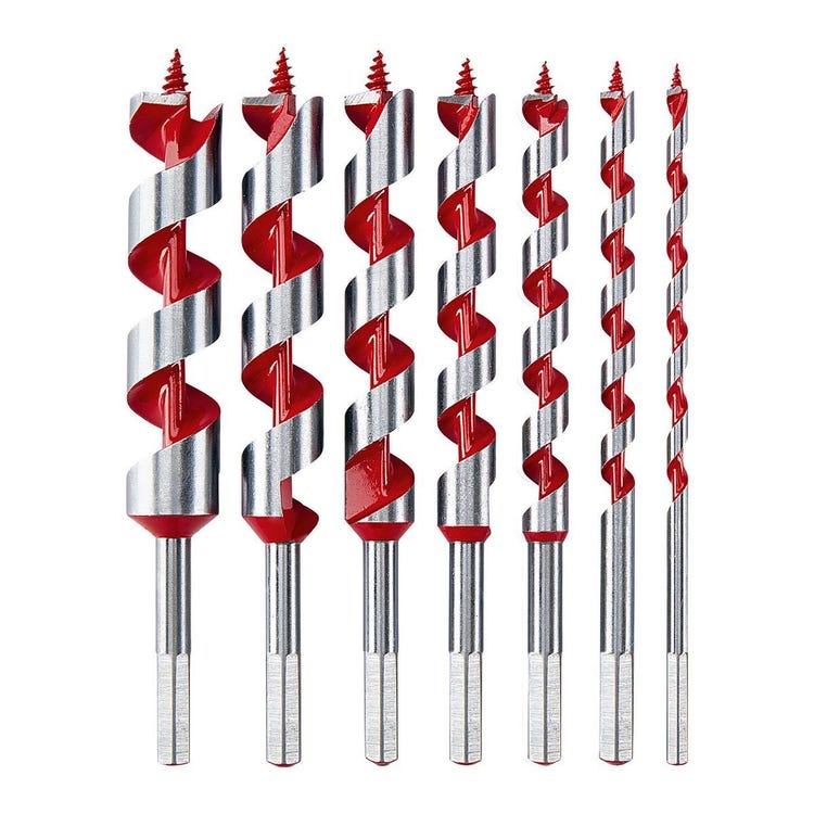 a set of seven auger drill bits of varying sizes, with silver and red spiral blades and hexagonal shanks, arranged upright side by side.