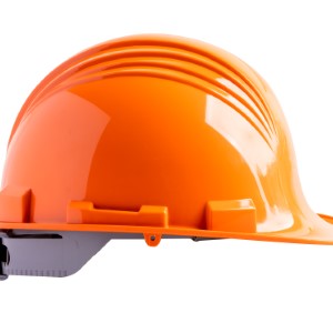 orange construction hard hat shown in a side view against a white background.